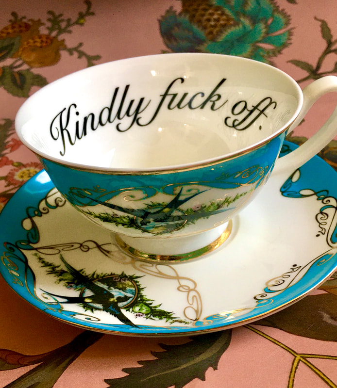 Kindly fuck off, insult teacup, miss havisham's curiosities, insult cup, rude teacup